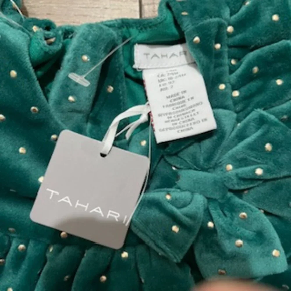 New Tahari Dress Girls Size 2 Green Velour Velvet With Gold Studs & Headband NWT